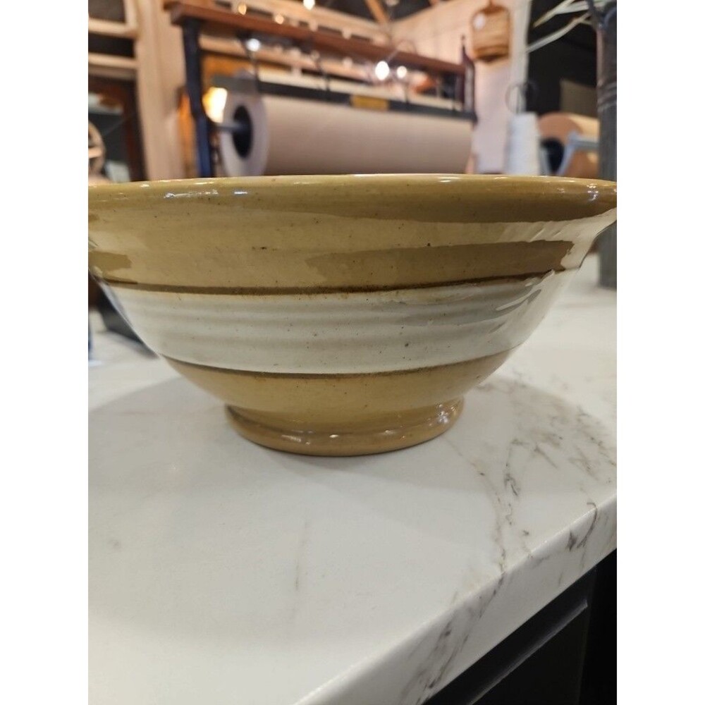 Antique Yellow Ware Stoneware Dough Mixing Bowl Medium 10.5”  With Bands Stripes